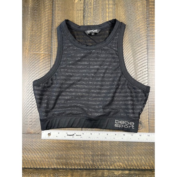 BEBE Sport, Sheer Black Stripe Black Sports Bra, BEBE Crystal Spellout, Size M - Picture 2 of 7